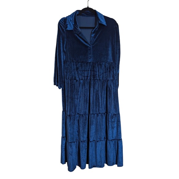 XXL Blue Velvet Maxi Dress Collared Long Sleeve Tiered Flowy Boho Bohemian - Picture 1 of 6